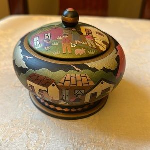 Vintage signed Obangos hand painted hand turned wood box, trinket dish